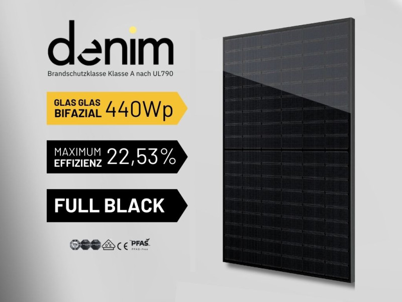 Denim Solar PV-Modul 440Wp Bifazial Glas Glas Full Black U N3-440BBG-108H Schwarz Solarpanel